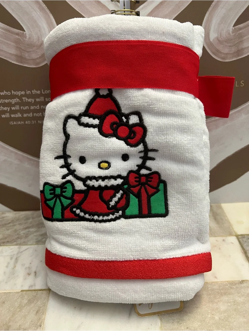 Hello Kitty White Hand Towels with Red & Green Holiday Accents